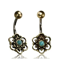 316L Surgical Steel Belly Ring Bar with Brass Flower & Turquoise