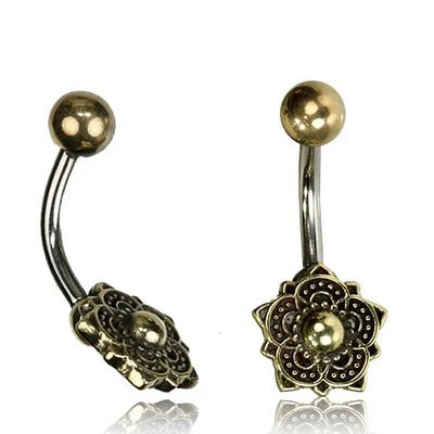 316L Surgical Steel Belly Ring Bar with Brass Lotus Flower