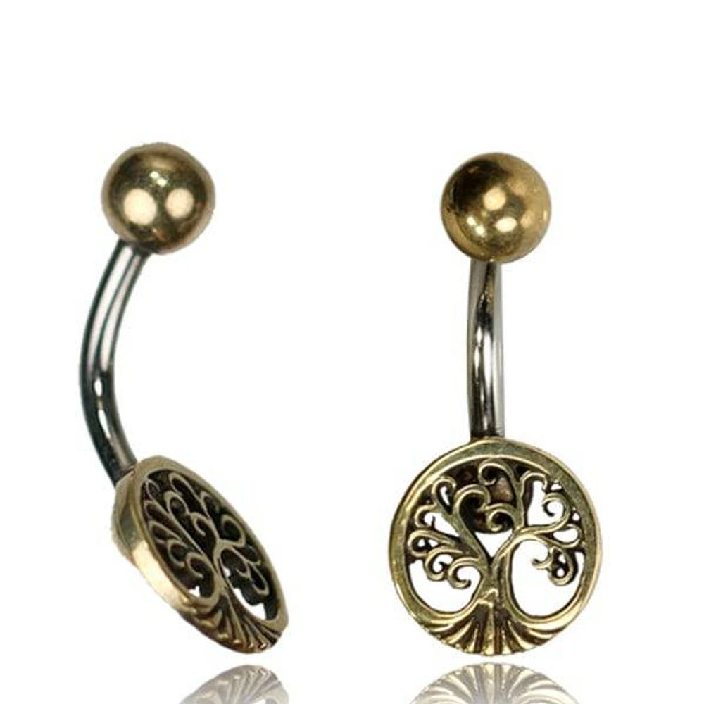 316L Surgical Steel Belly Ring Bar with Brass Tree of Life