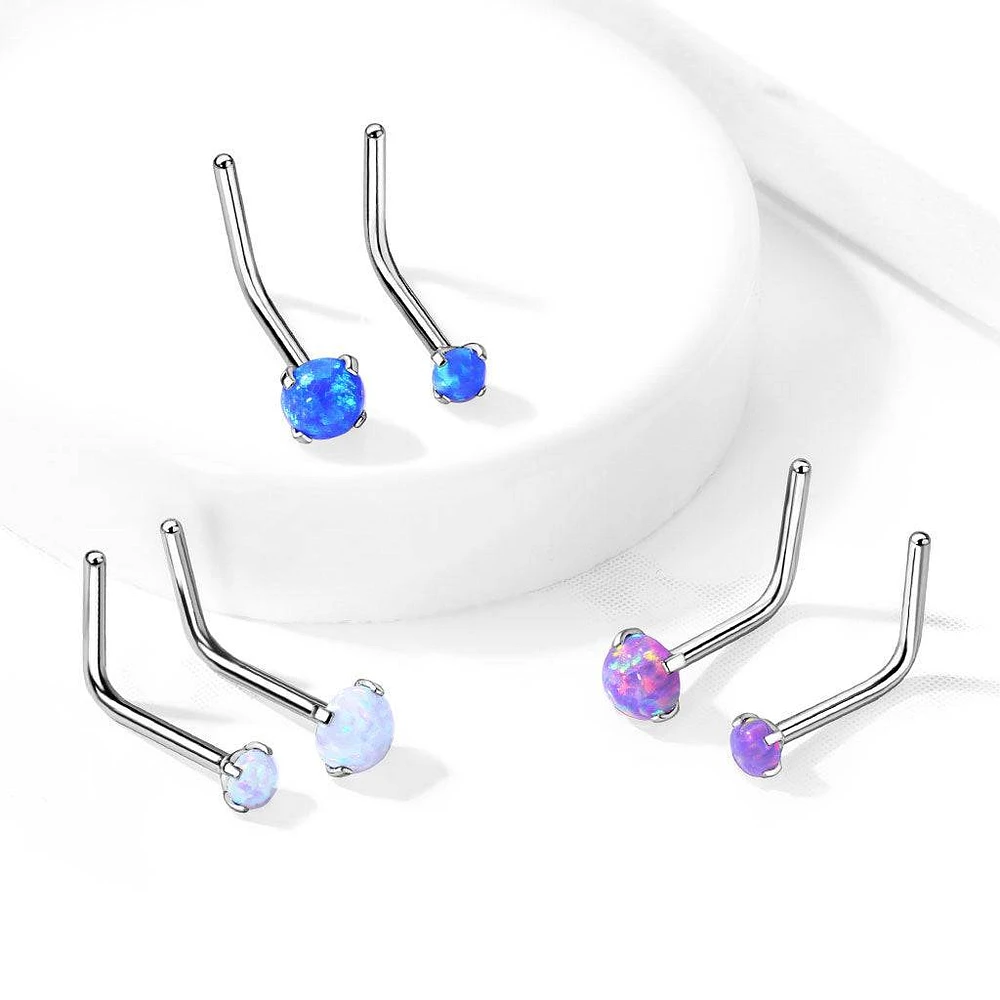 316L Surgical Steel Bent L Shape Nose Ring Stud with Opal Gem