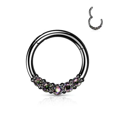 316L Surgical Steel Black PVD 5 VM CZ Gem Dainty Septum Ring Hinged Clicker Hoop