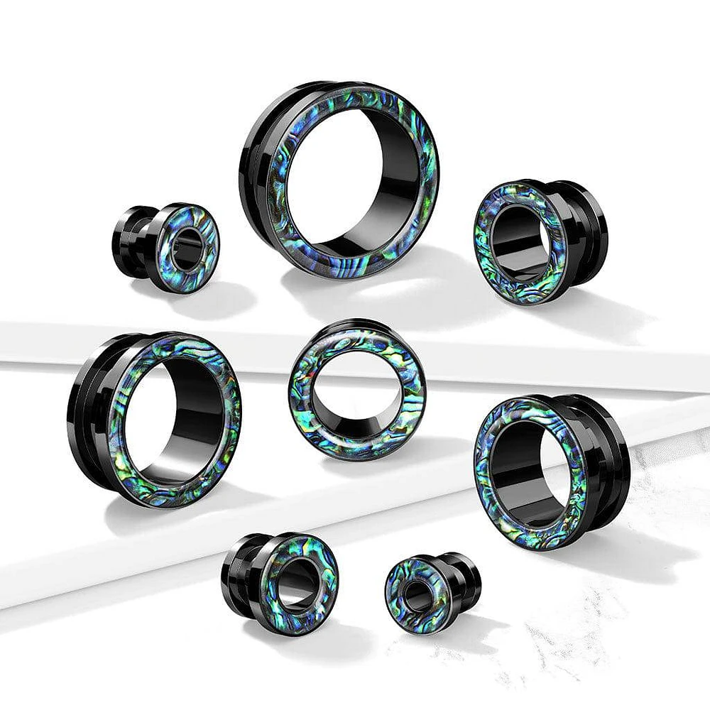 316L Surgical Steel Black PVD Abalone Rim Screw On Ear Tunnels