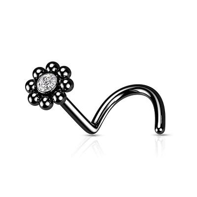 316L Surgical Steel Black PVD Ball White CZ Gem Flower Corkscrew Nose Ring Stud