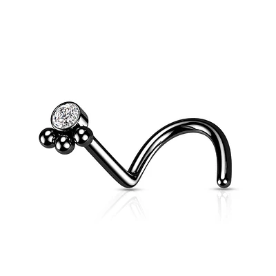 316L Surgical Steel Black PVD Tribal Ball White CZ Corkscrew Nose Ring Stud