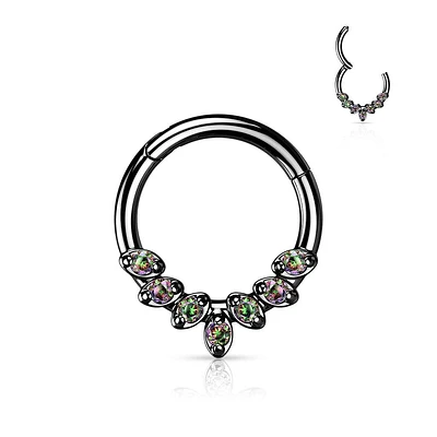 316L Surgical Steel Black PVD VM CZ Gem Vine Leaf Dainty Septum Ring Hinged Clicker Hoop