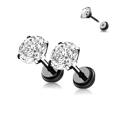 316L Surgical Steel Black PVD White CZ Round Clawed Fake Plug Earrings