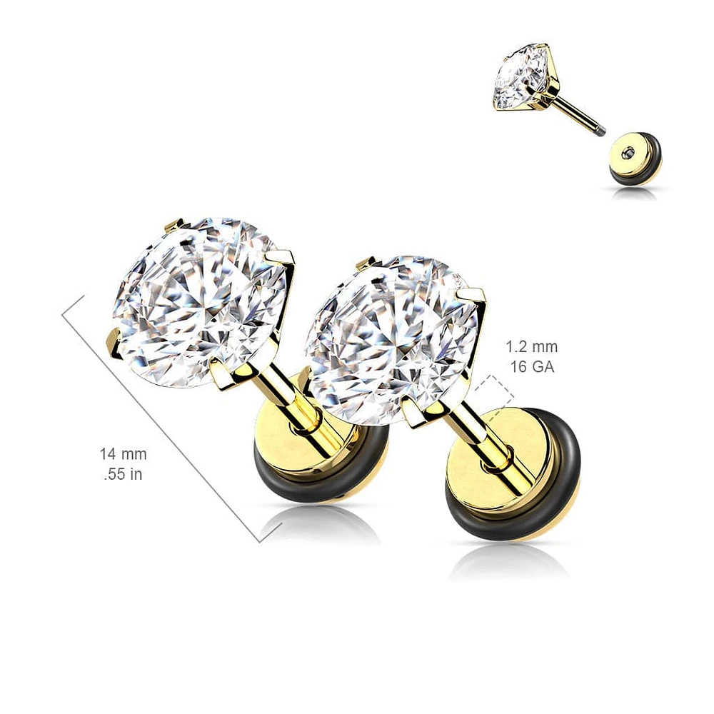 316L Surgical Steel Black PVD White CZ Round Clawed Fake Plug Earrings