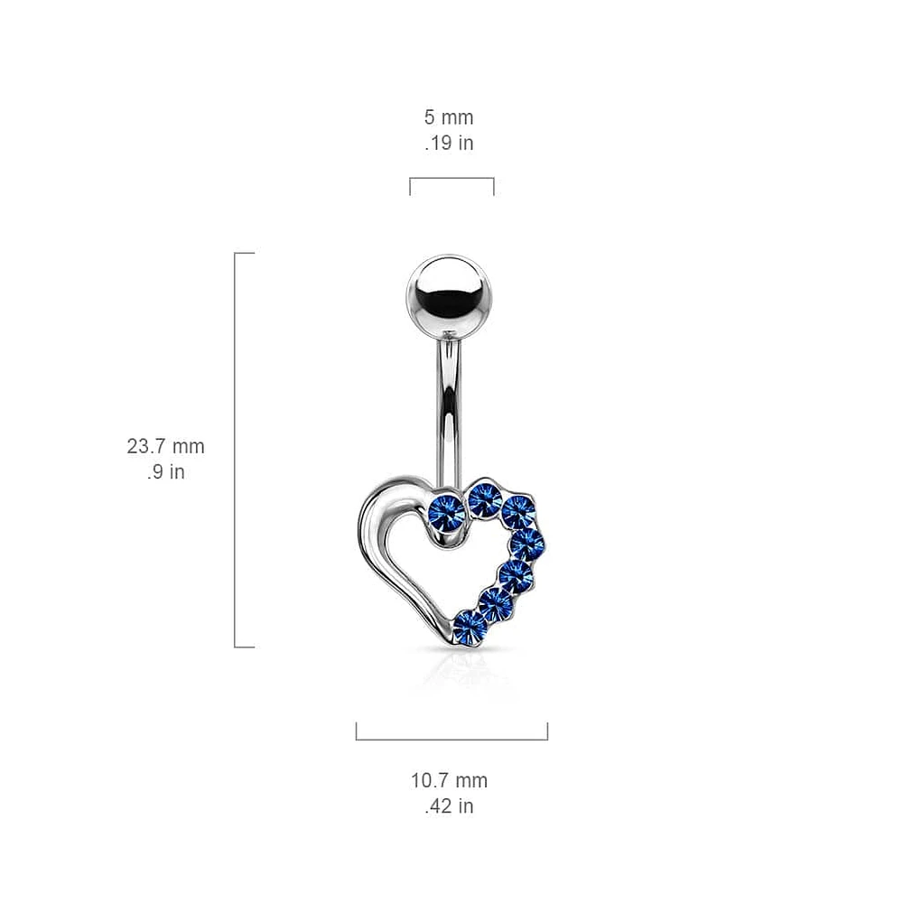 316L Surgical Steel Blue CZ Heart Outline Stud Belly Ring