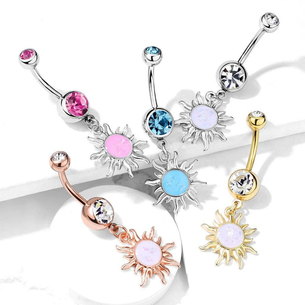 316L Surgical Steel Glitter Opal Tribal Sun Belly Button Ring