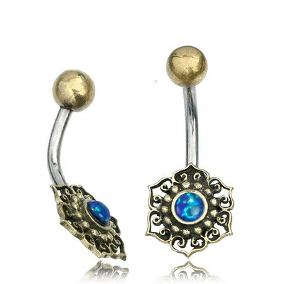 316L Surgical Steel & Brass Flower with Blue Opal  Belly Ring