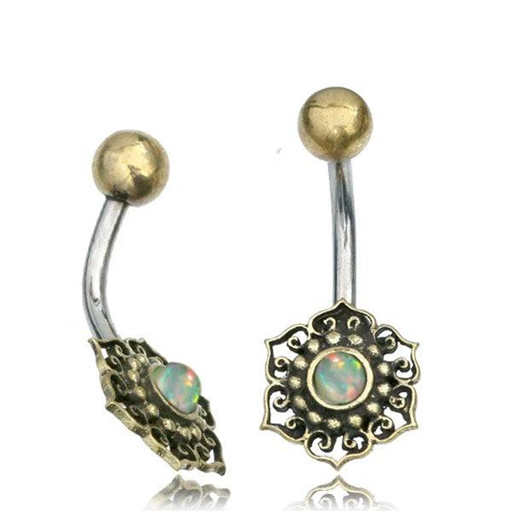 316L Surgical Steel & Brass Lotus Flower with White Opal  Belly Ring