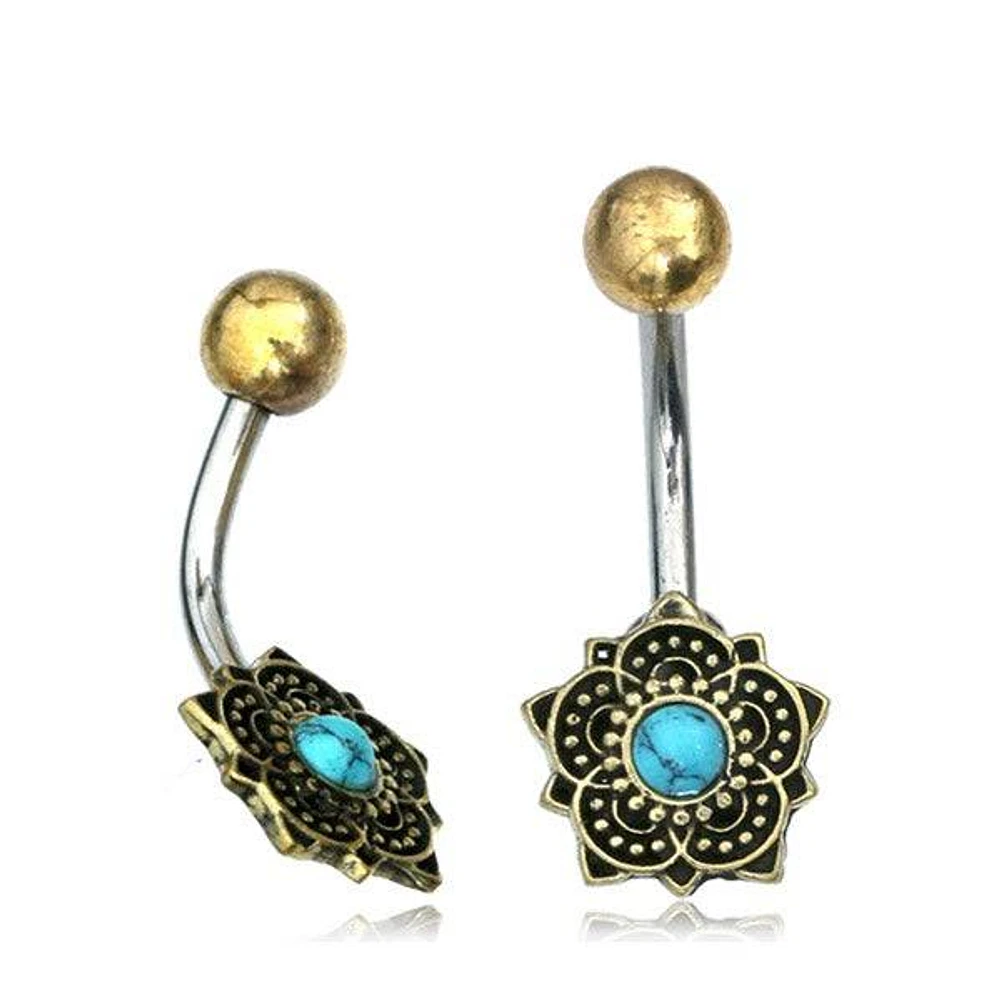 316L Surgical Steel & Brass Turquoise Lotus Flower Belly Ring