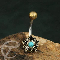 316L Surgical Steel & Brass Turquoise Lotus Flower Belly Ring