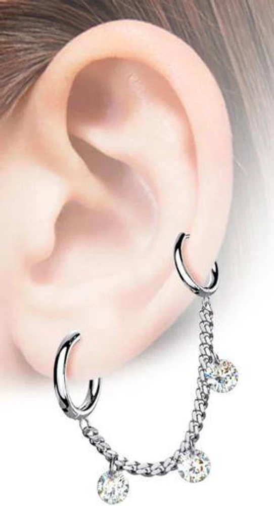 316L Surgical Steel Chain Link Double Hoop Earring with White CZ Gem Dangle
