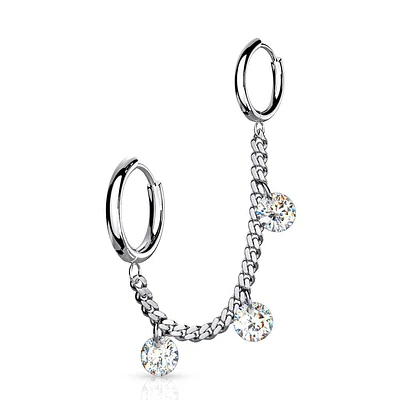 316L Surgical Steel Chain Link Double Hoop Earring with White CZ Gem Dangle