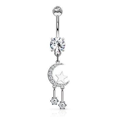 316L Surgical Steel Crescent Moon & Star Dangle Belly Button Ring