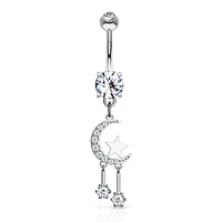 316L Surgical Steel Crescent Moon & Star Dangle Belly Button Ring