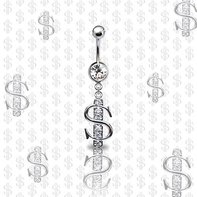 316L Surgical Steel CZ Dollar Sign Dangle Belly Ring
