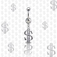 316L Surgical Steel CZ Dollar Sign Dangle Belly Ring