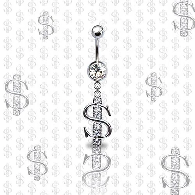 316L Surgical Steel CZ Dollar Sign Dangle Belly Ring