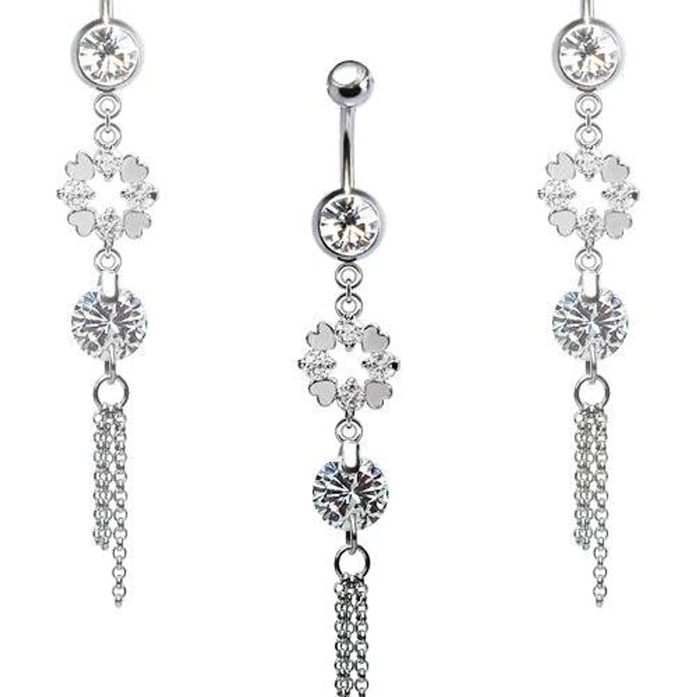 316L Surgical Steel CZ Gem Clover Dangle Belly Ring