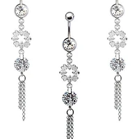 316L Surgical Steel CZ Gem Clover Dangle Belly Ring