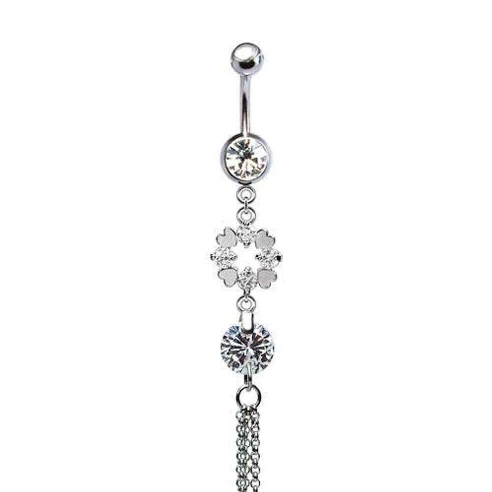 316L Surgical Steel CZ Gem Clover Dangle Belly Ring