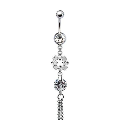 316L Surgical Steel CZ Gem Clover Dangle Belly Ring