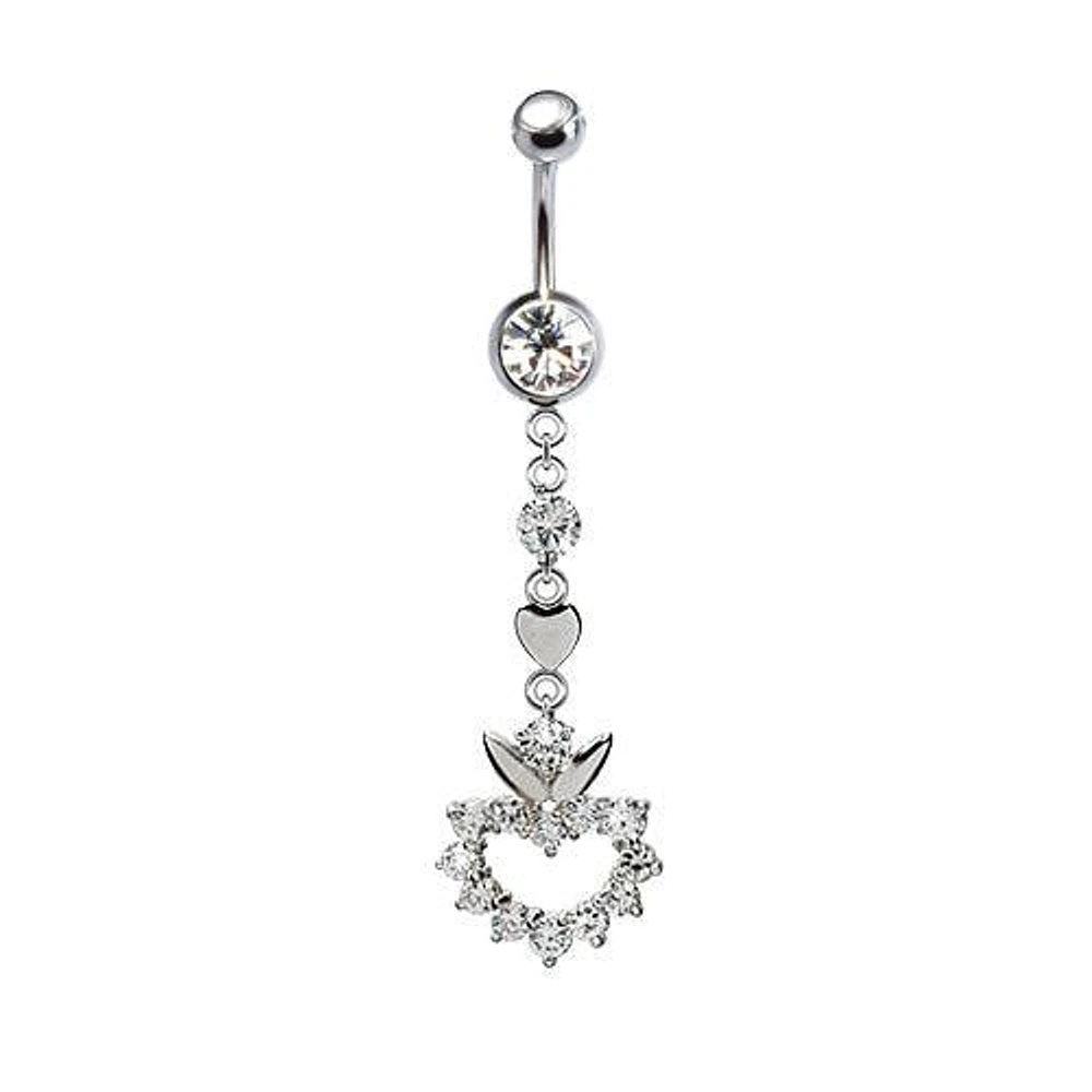 316L Surgical Steel CZ Gem Heart with Flower Top Dangle Belly Ring