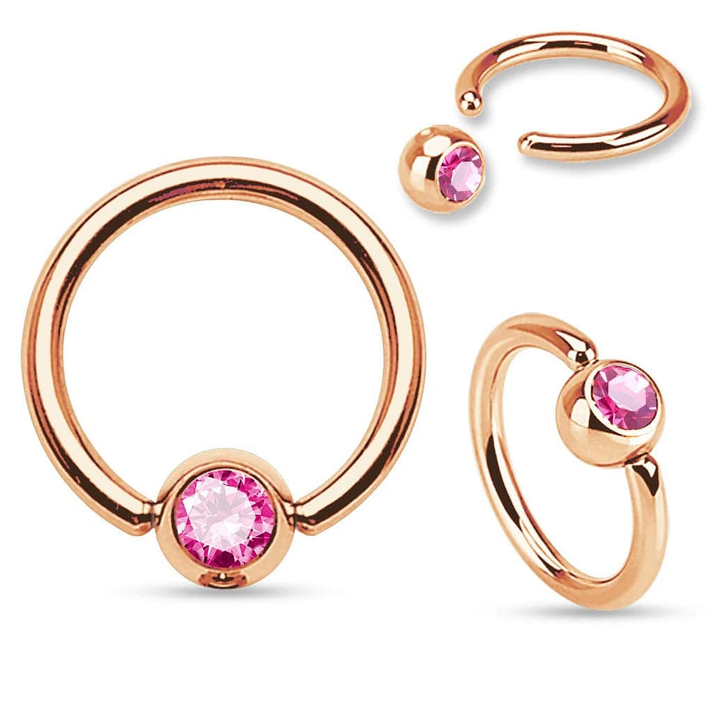 316L Surgical Steel CZ Gem Rose Gold Plated Captive Bead Ring