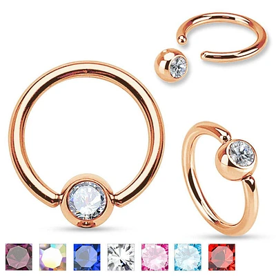 316L Surgical Steel CZ Gem Rose Gold Plated Captive Bead Ring