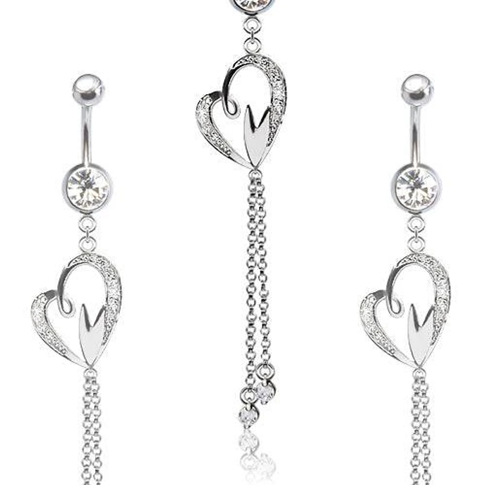 316L Surgical Steel CZ Heart with Hanging Gemmed Chain Dangle Belly Ring