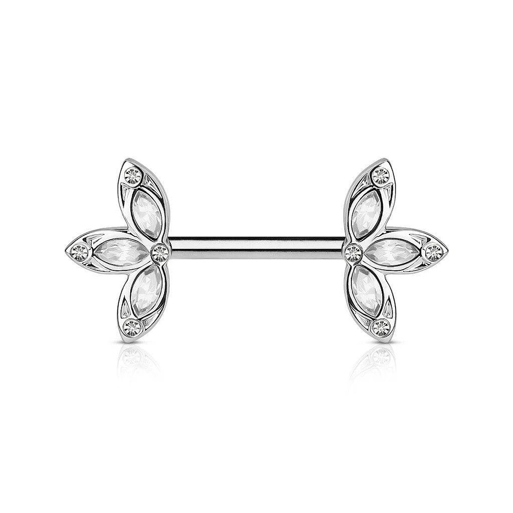 316L Surgical Steel CZ Petal Nipple Ring Barbell with Clear CZ
