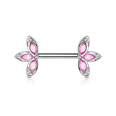 316L Surgical Steel CZ Petal Nipple Ring Barbell with Pink CZ