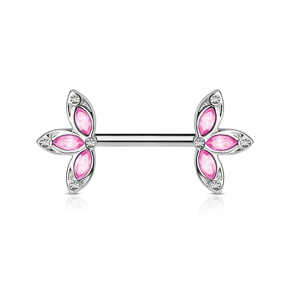 316L Surgical Steel CZ Petal Nipple Ring Barbell with Pink CZ