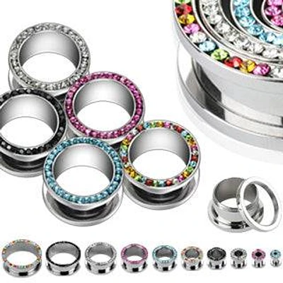 316L Surgical Steel CZ Rim Screw On Ear Tunnel Spacers