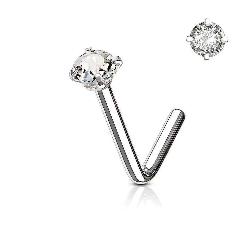 316L Surgical Steel CZ Gem Prong L Shape Nose Stud