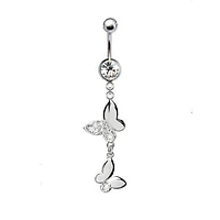 316L Surgical Steel Dainty Double Butterfly with CZ Wing Dangle Belly Ring