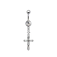 316L Surgical Steel Dainty Thin Baguette Cross Dangle Belly Ring