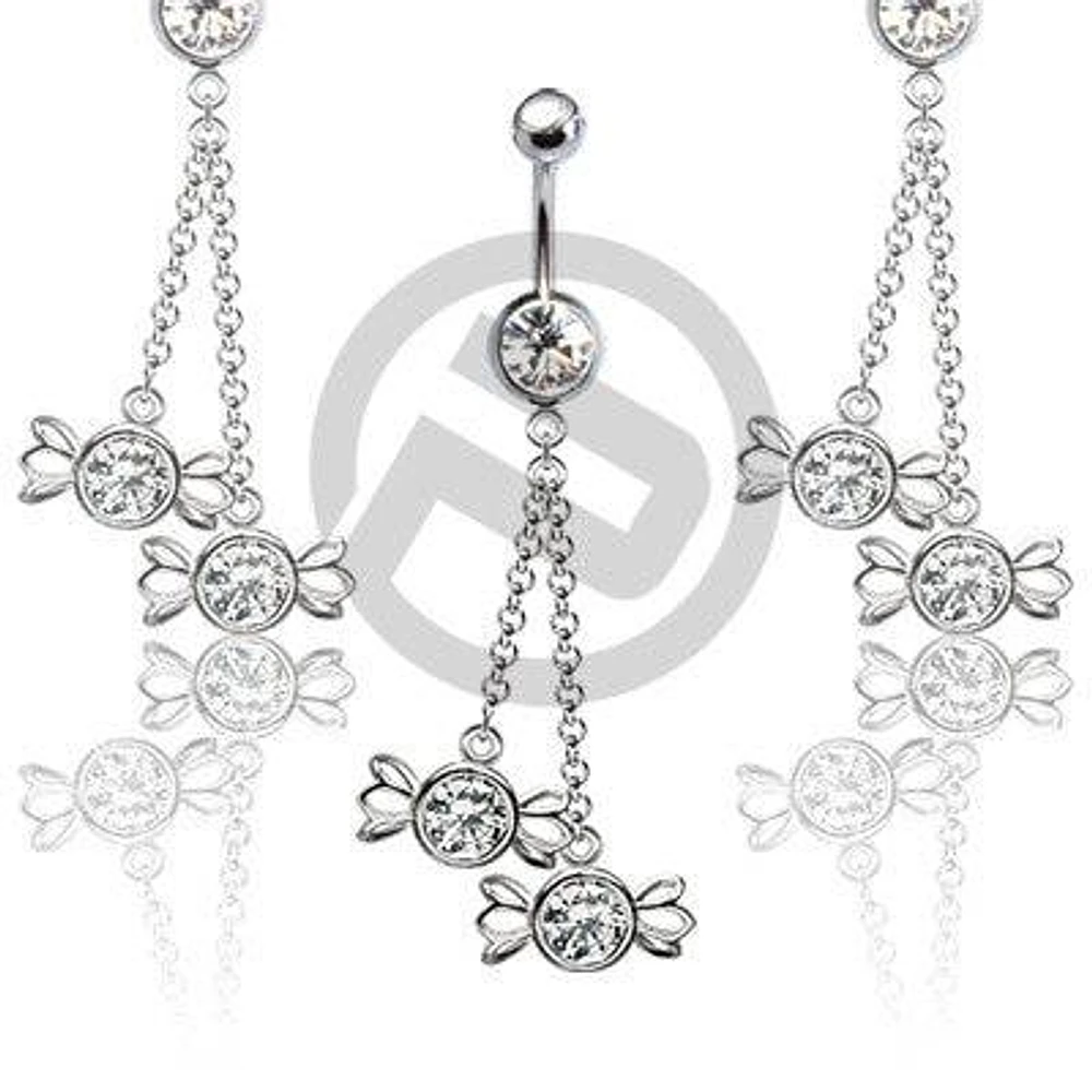 316L Surgical Steel Dangling Double CZ Chain Candy Wrapper Belly Button Navel Ring