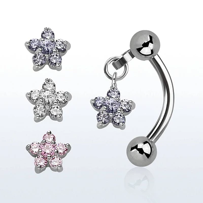 316L surgical Steel Dangling Flower CZ Gem Curved Barbell Tragus Helix Ring