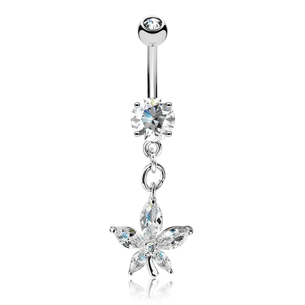 316L Surgical Steel Dangling Petal Flower White CZ Belly Ring