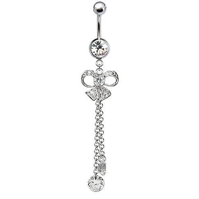 316L Surgical Steel Diamond Bow with Chain Double CZ Dangle Belly Ring