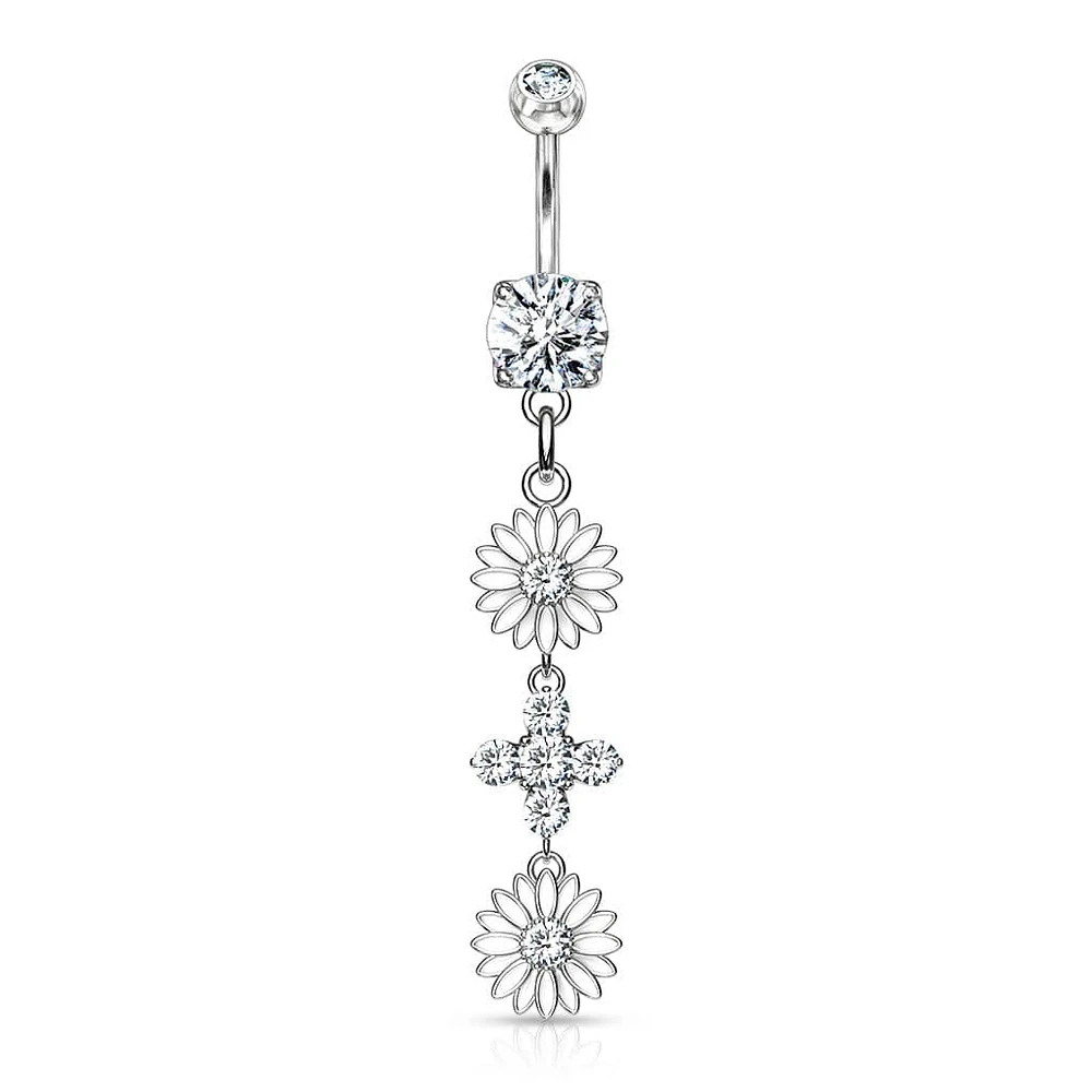 316L Surgical Steel Double CZ Flower Dangling Belly Button Ring