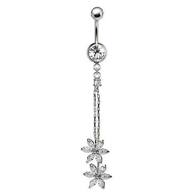 316L Surgical Steel Double Flower Tassel Dangle Belly Ring