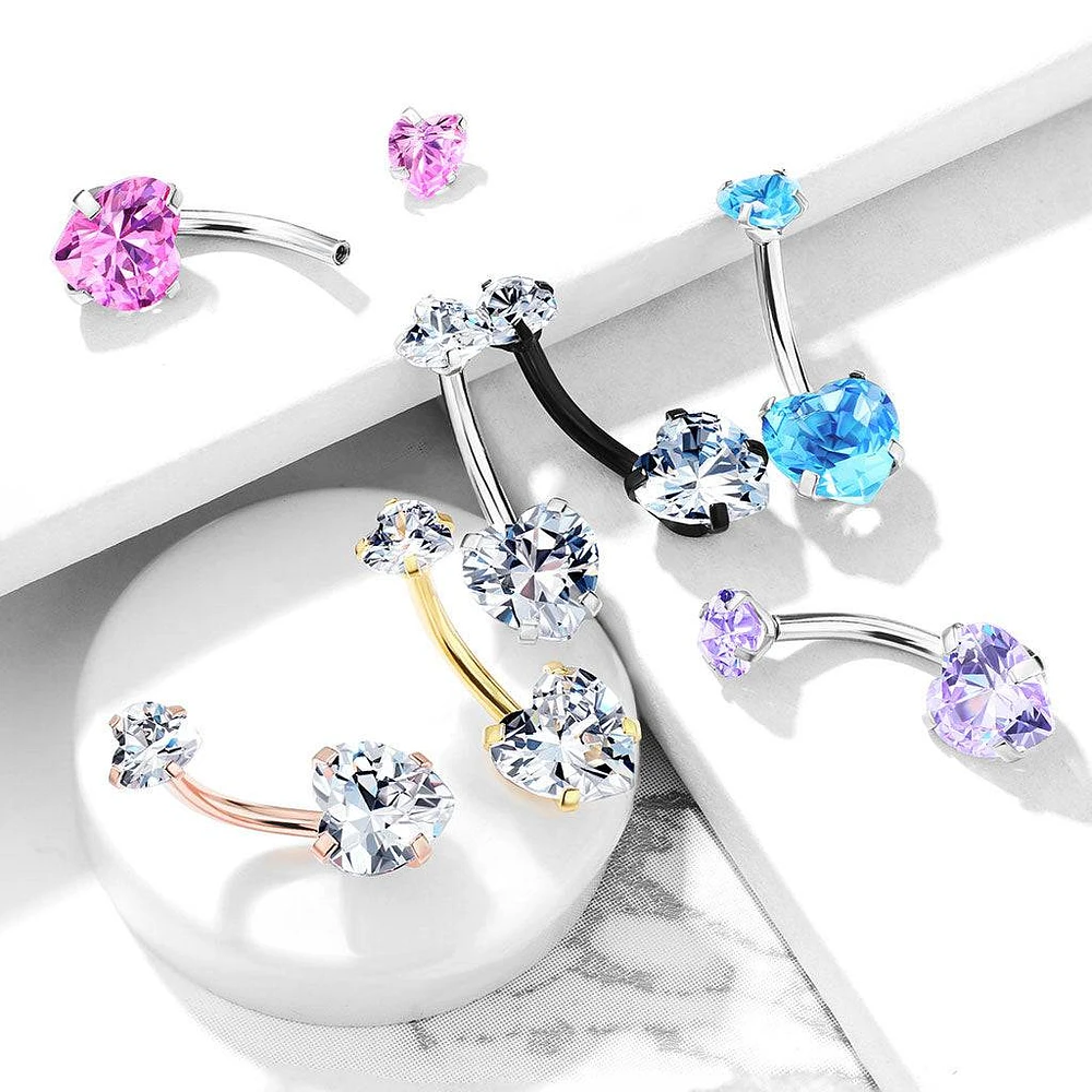 316L Surgical Steel Double Heart Aqua CZ Gem Belly Button Ring