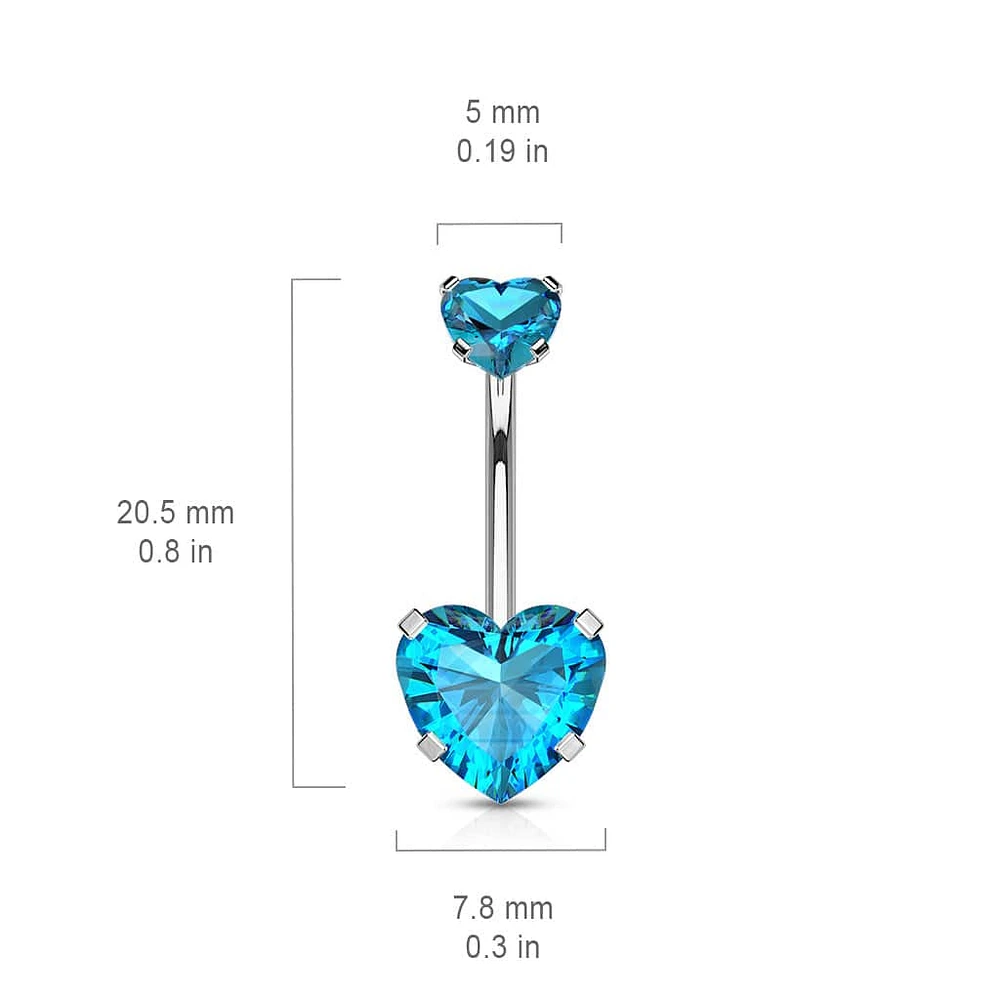 316L Surgical Steel Double Heart Aqua CZ Gem Belly Button Ring