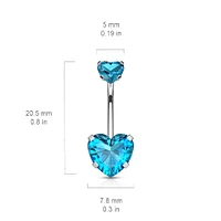 316L Surgical Steel Double Heart Aqua CZ Gem Belly Button Ring