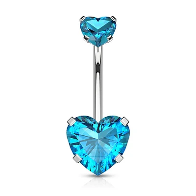 316L Surgical Steel Double Heart Aqua CZ Gem Belly Button Ring