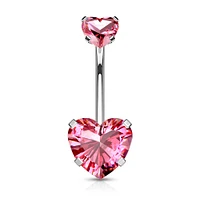 316L Surgical Steel Double Heart Pink CZ Gem Belly Button Ring